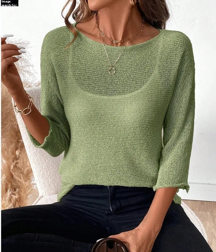 Women's off-shoulder knitted pullover top with 3/4 sleeves in thin polyester fabric