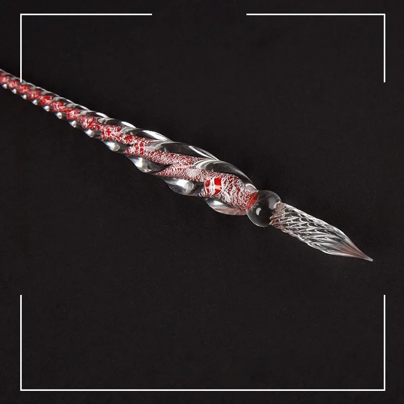 Transparent coloured glass crystal pen with water art ink in gift box, shown in multiple colour options.