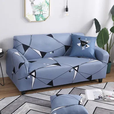 Printed stretch sofa cover with geometric pattern on three-seater sofa