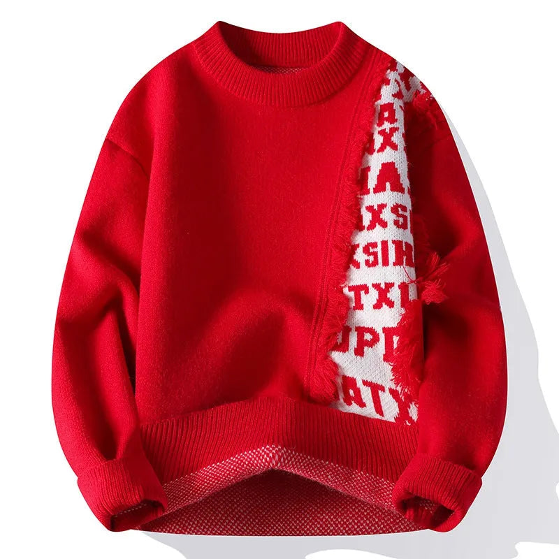 Men's loose fit knitted pullover with ribbed hemline in polyester and rabbit fur blend fabric