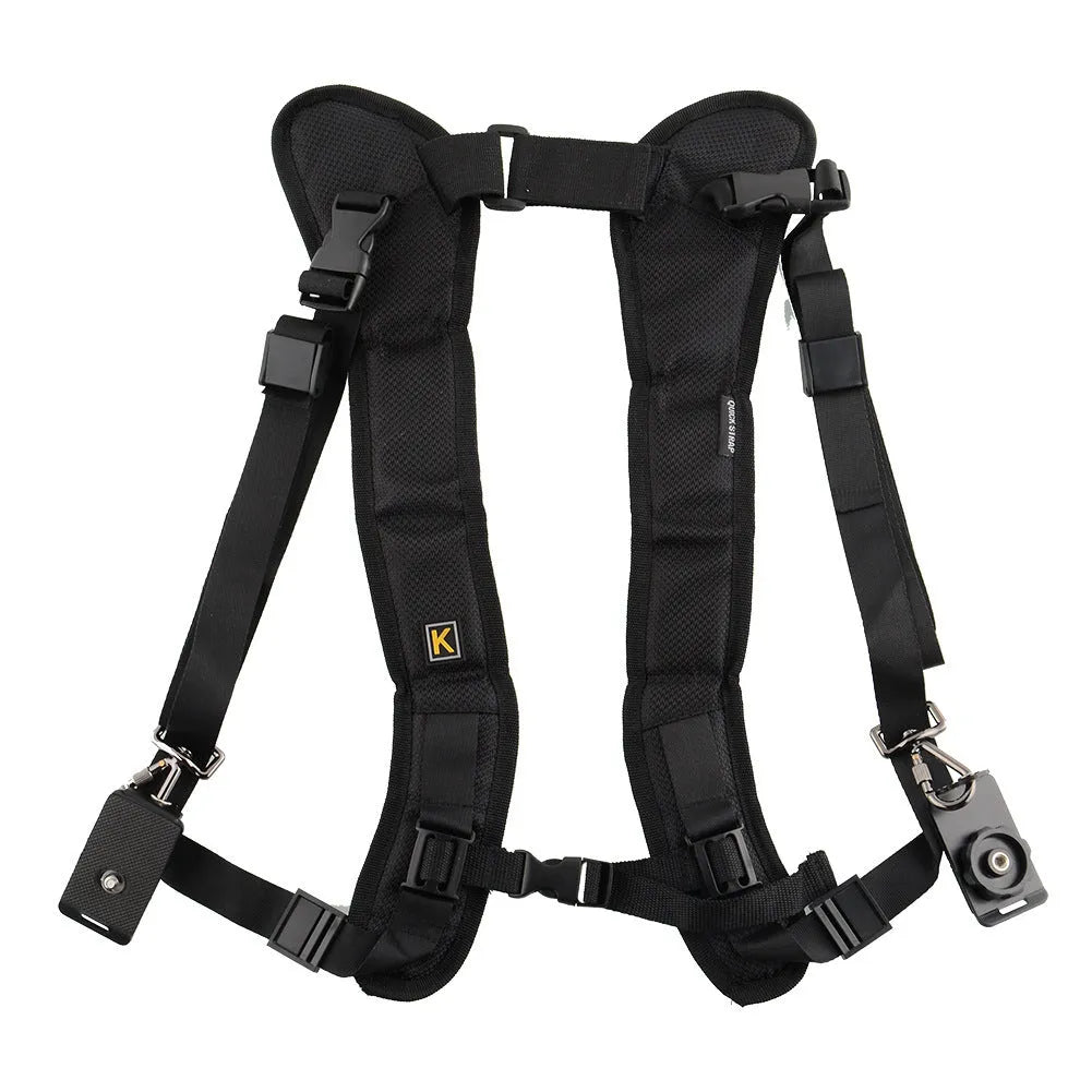Black dual shoulder strap for carrying two professional SLR cameras simultaneously.