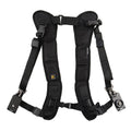 Black dual shoulder strap for carrying two professional SLR cameras simultaneously.