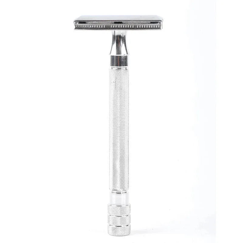 Traditional manual shaving razor with brush set in black or silver finish