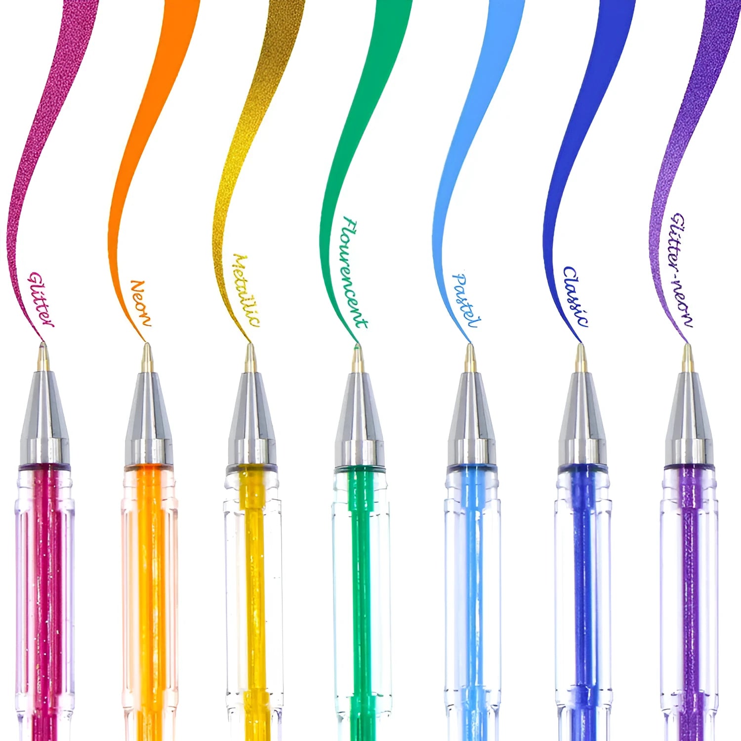 100 colour gel pen set with plastic barrels in assorted colours showing 0.5mm and 1.0mm tip options
