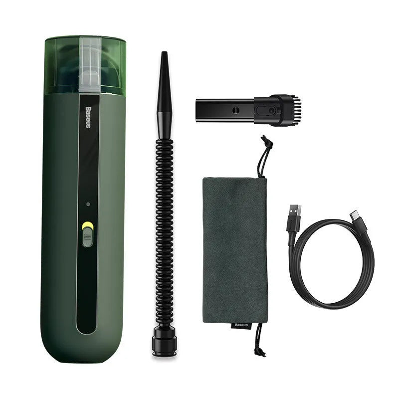 Baseus handheld wireless car vacuum cleaner in black, white, or green with blowing hose attachment