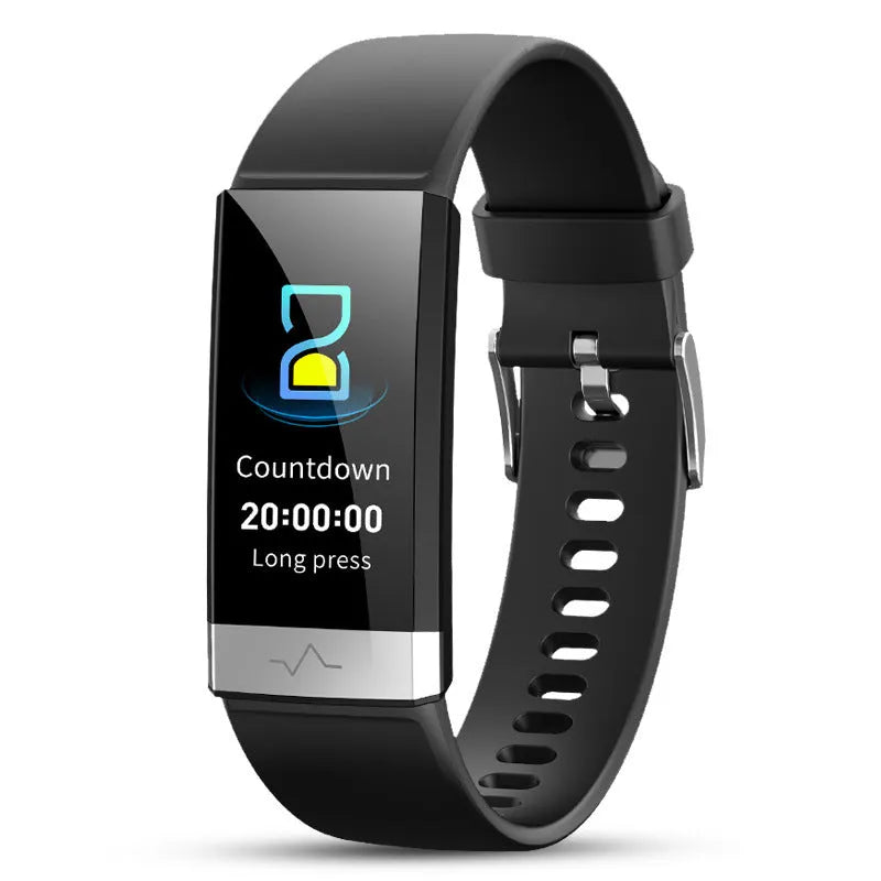 V19 smart health tracking bracelet with medical sensor display showing ECG, PPG and SpO2 monitoring