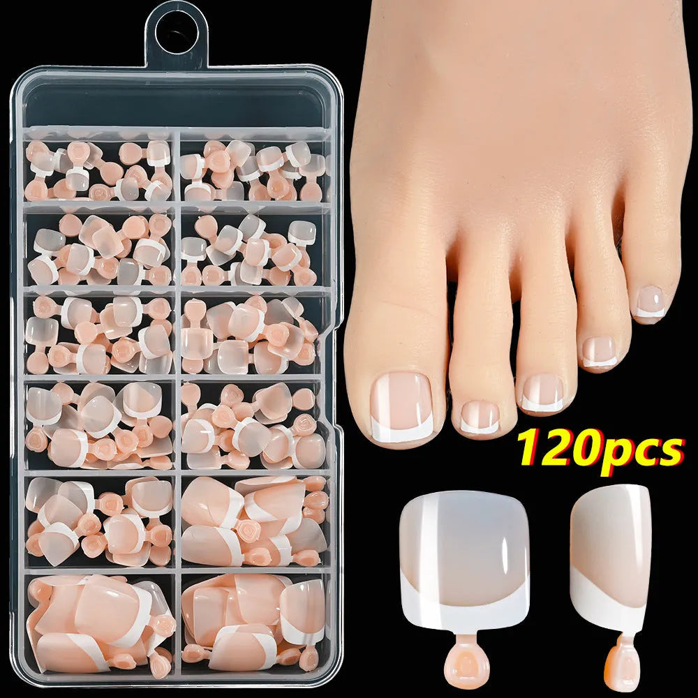 French white edge feet nude full square short artificial nail pieces 120pc boxed set showing multiple nude colour shades
