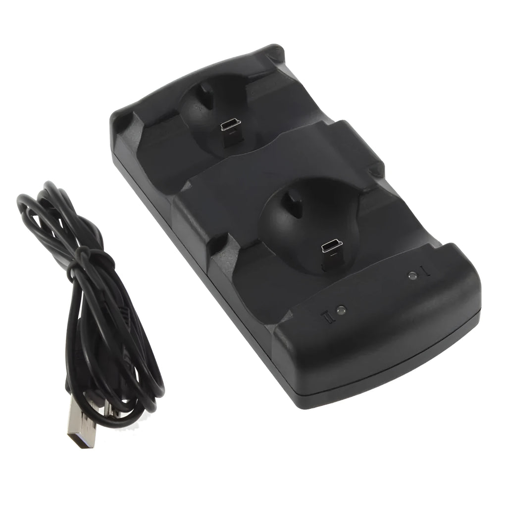 Black PS3 dual controller charging dock with two controller cradles and USB cable
