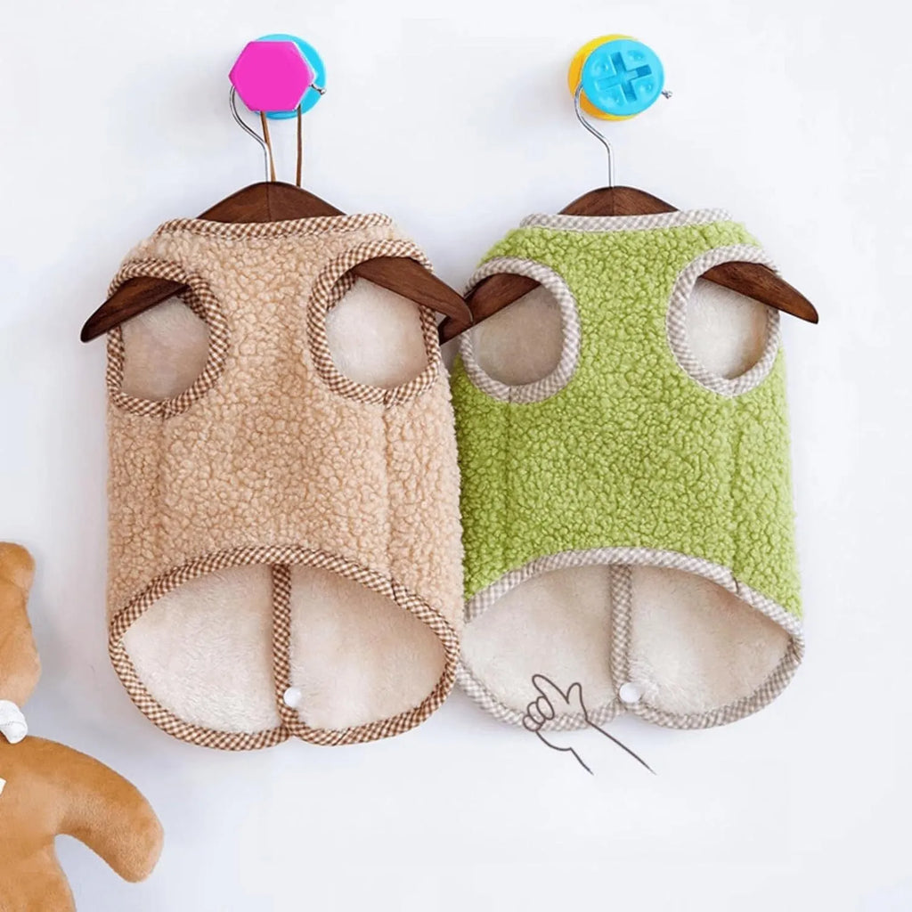 Green coral fleece dog vest with leash ring for small dogs