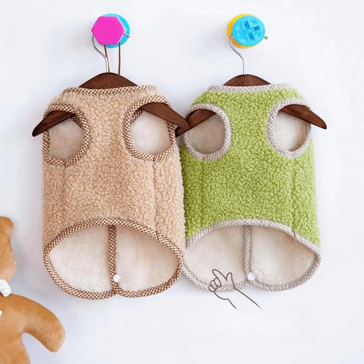 Green coral fleece dog vest with leash ring for small dogs