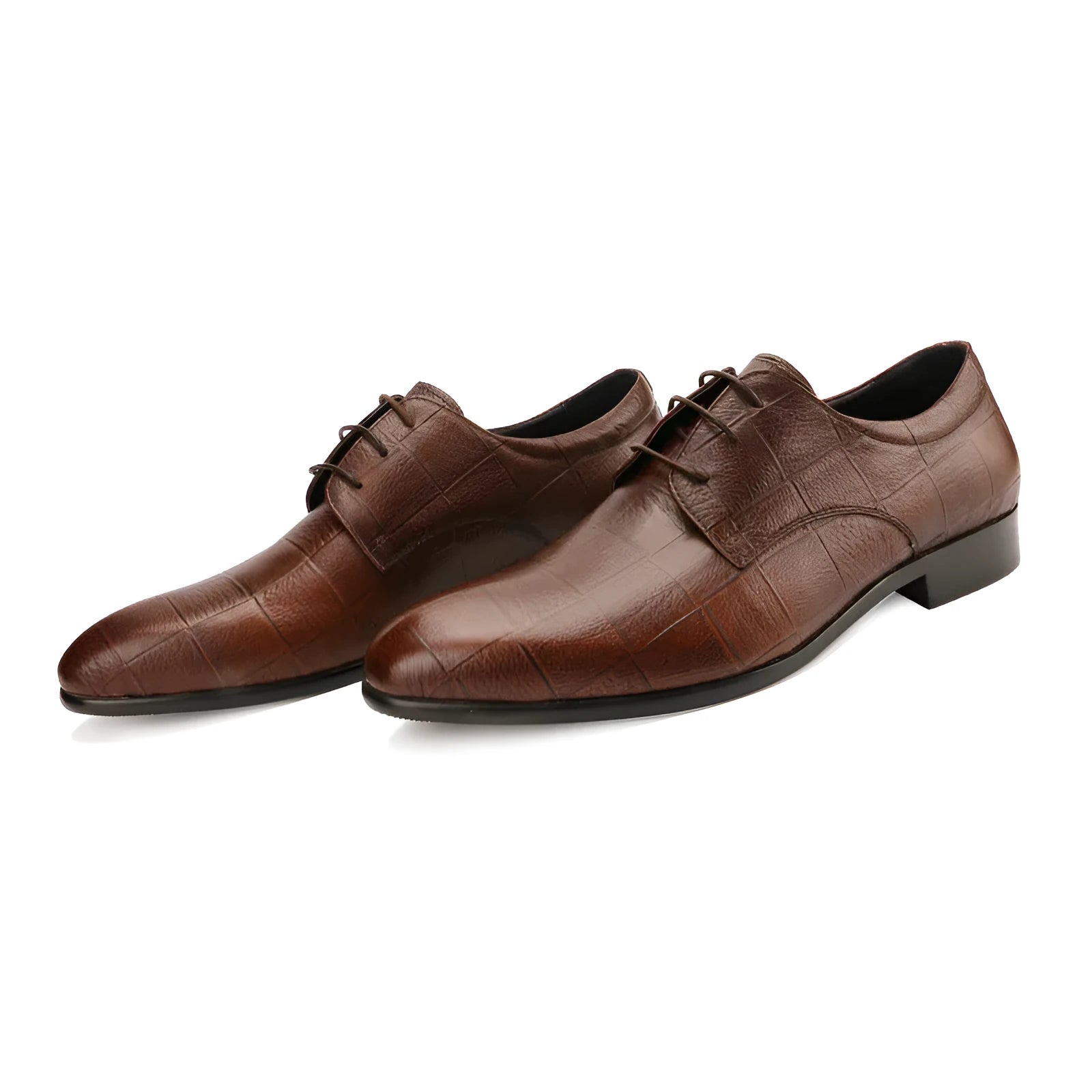 Men's black leather derby shoes with pointed toe and checkered pattern on a white background.