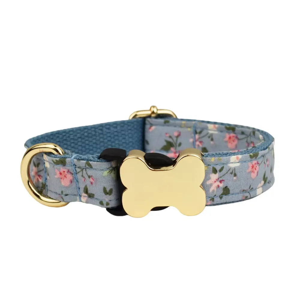 Flat printed grid nylon dog collar with a bone-shaped buckle in assorted colours