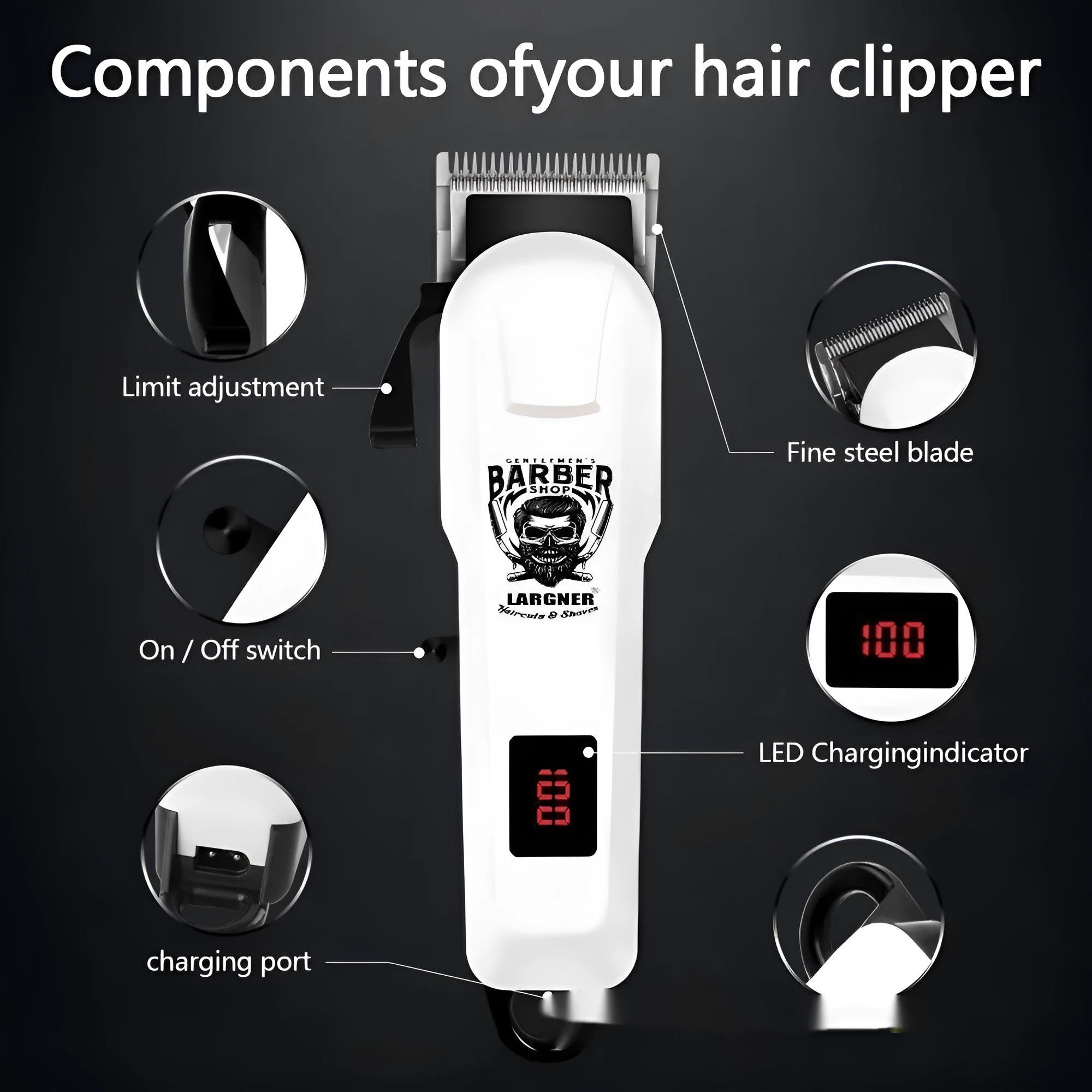 Rechargeable stainless steel hair clipper with plastic body and USB charging cable