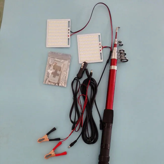 White LED fishing rod light with telescopic pole extended, showing remote control
