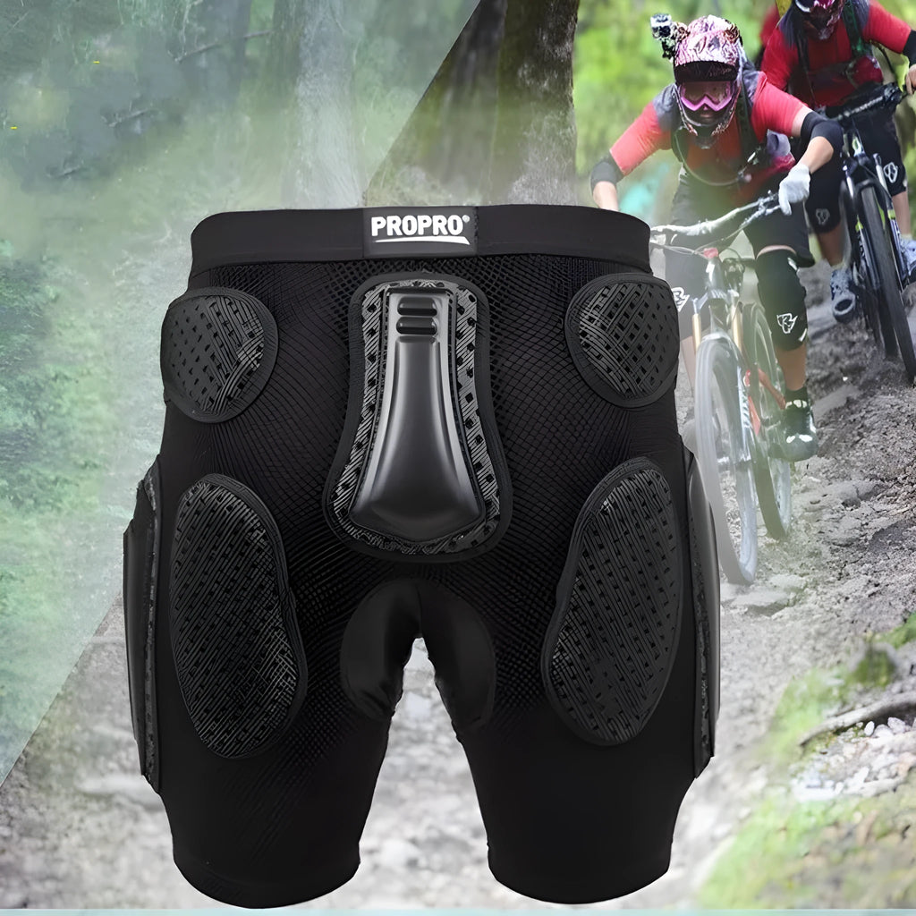 Black cycling hip protection pants with integrated impact-absorbing pads for mountain biking and BMX