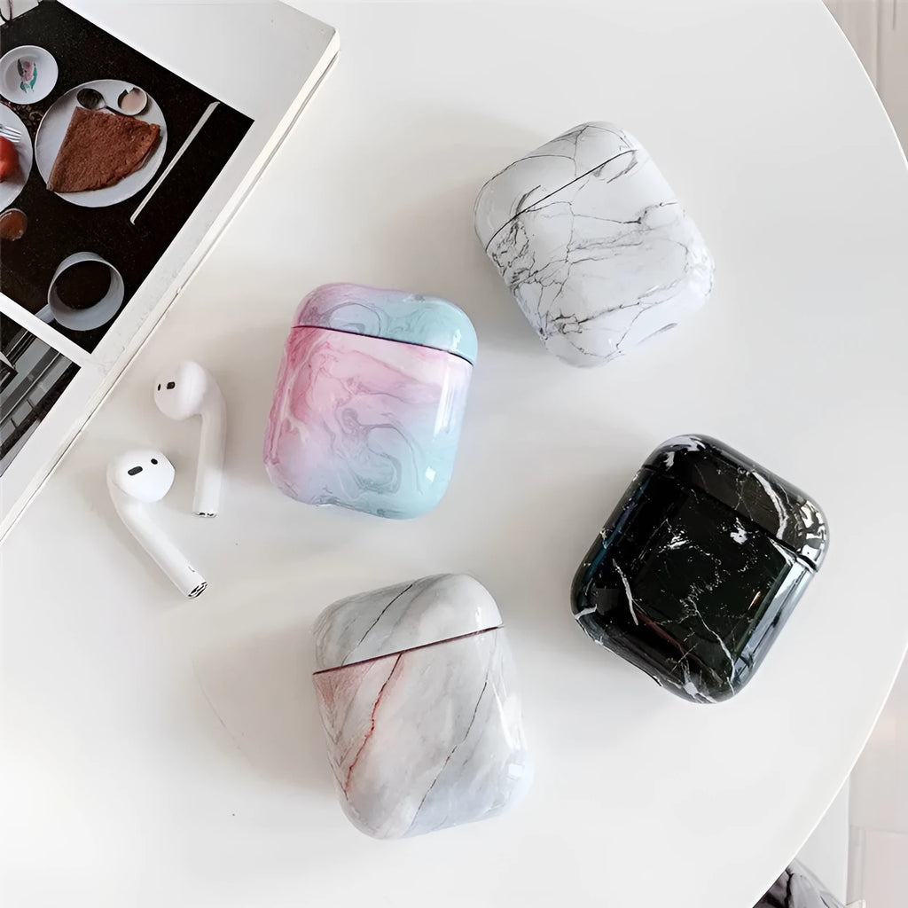 White marble effect protective hard case for Apple AirPods 1 and 2 wireless earphones