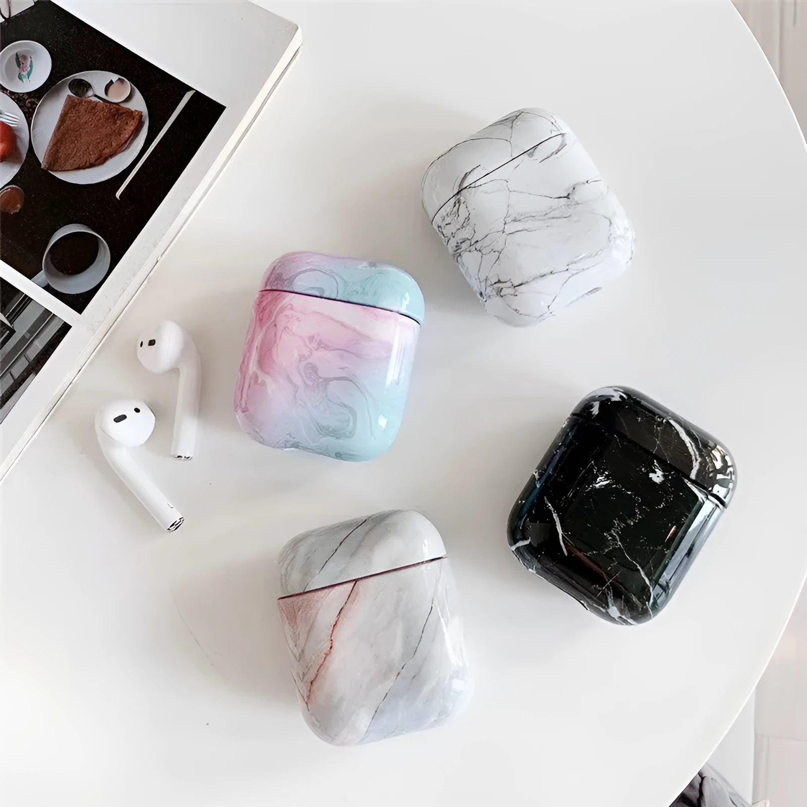 White marble effect protective hard case for Apple AirPods 1 and 2 wireless earphones