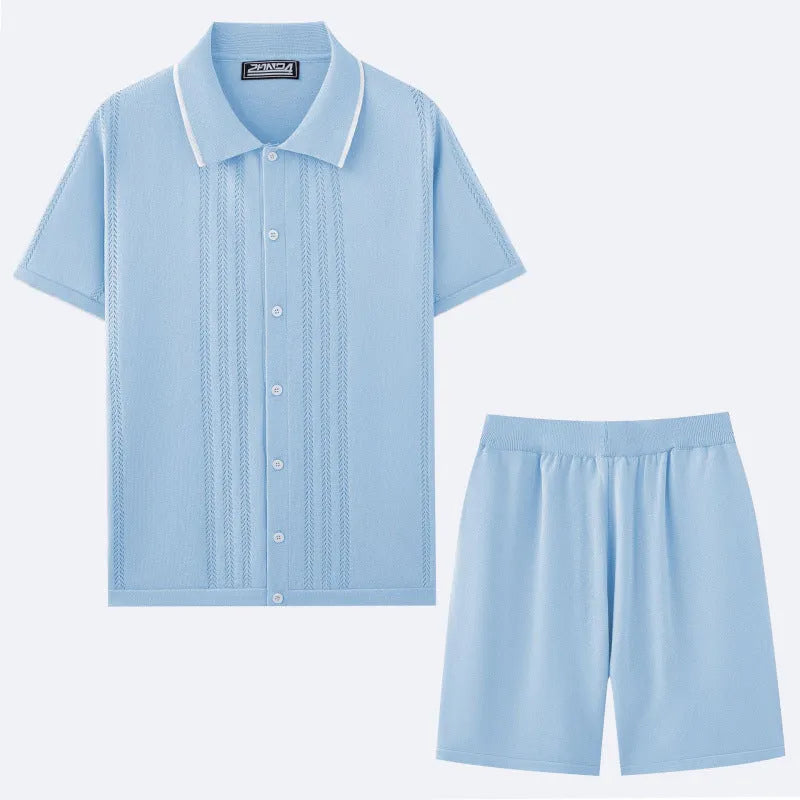Man wearing a khaki short-sleeve knit top and matching shorts from a business casual two-piece set