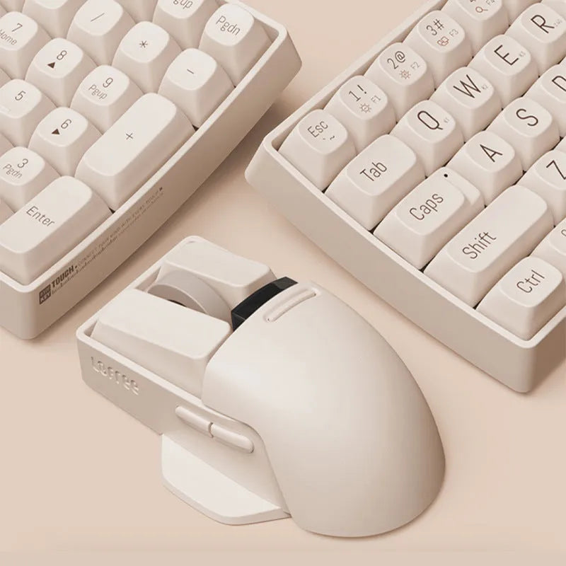 Xiaoqiao tofu-coloured wireless mouse with multiple buttons beside its Type-C charging cable and wireless receiver.