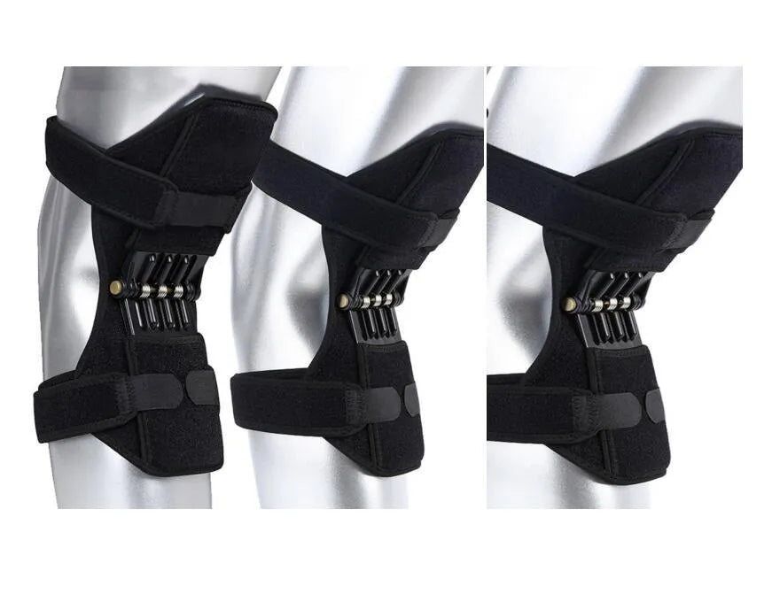 Adjustable spring knee brace support for patella, shown in black colour.