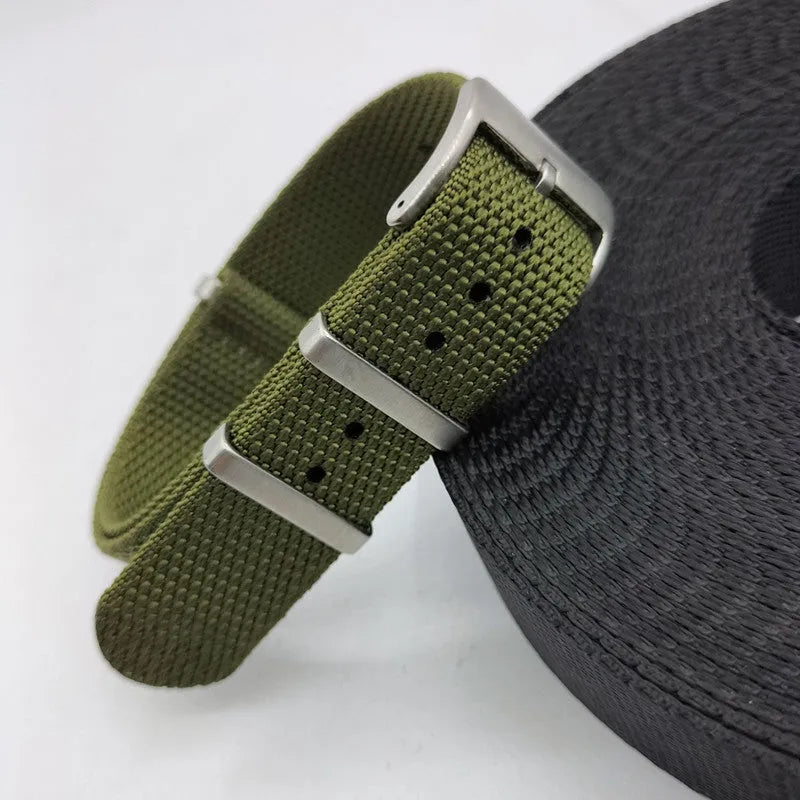 Nylon textile watch strap with integrated keeper in Army Green colour showing 20mm width measurement