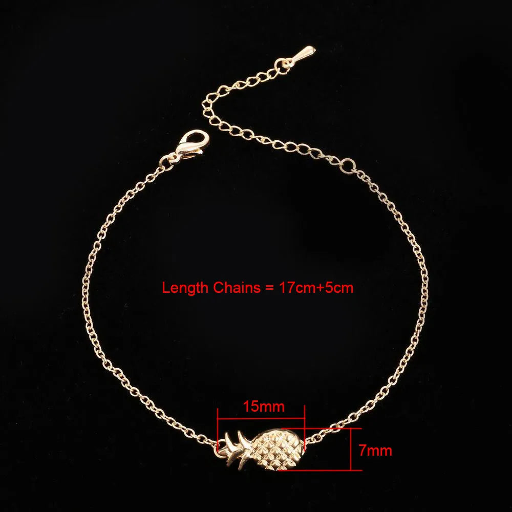 Alloy pineapple charm bracelet for women in gold or silver tone with adjustable chain