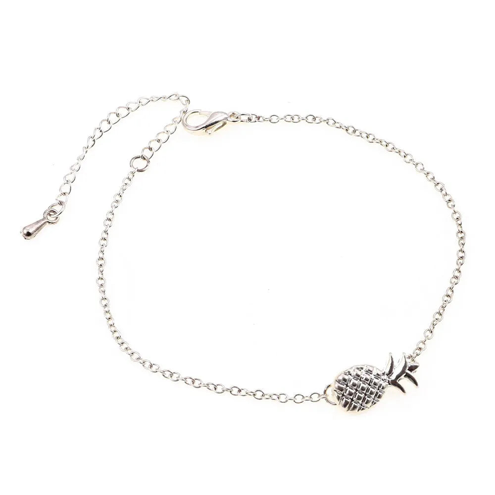 Alloy pineapple charm bracelet for women in gold or silver tone with adjustable chain