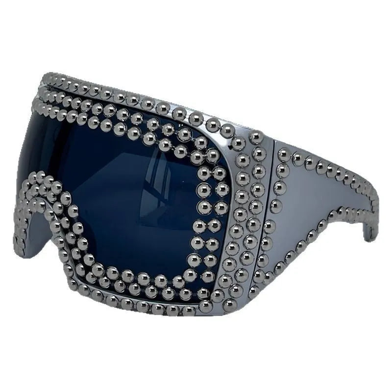 Men's punk style sunglasses with super large square rim and rivet details in gold colour