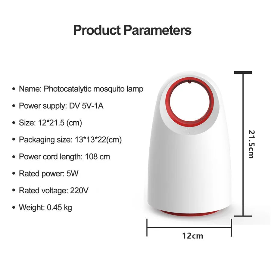 Black or white household mosquito killer with USB cable, dimensions 12x12x21.5 cm