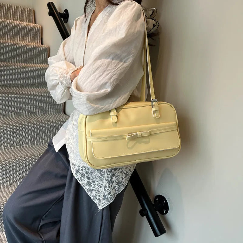 Women's PU leather single shoulder flap bag in horizontal square shape with mobile phone compartment