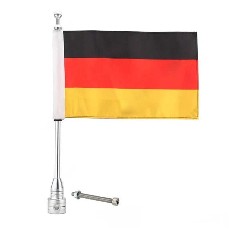 Motorcycle rack-mounted flagpole with German flag design in black or silver finish for side box or luggage rack attachment