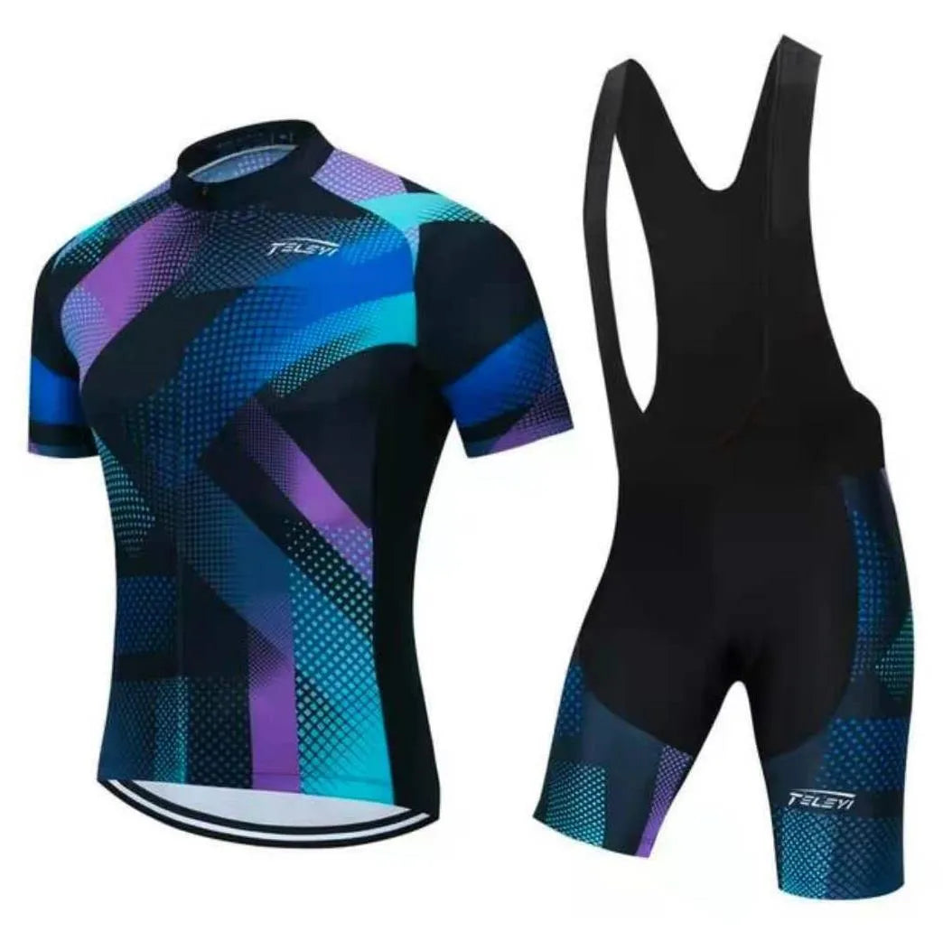 Cycling jersey and shorts set for summer bike riding with moisture wicking properties