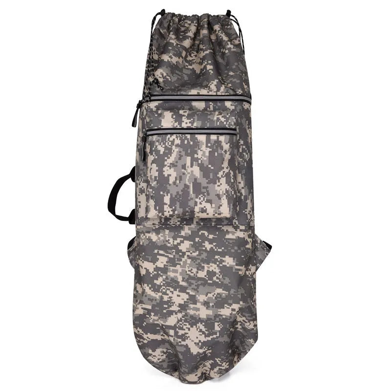 Waterproof nylon skateboard backpack in camouflage, showing large capacity for fishing rods and sports gear.