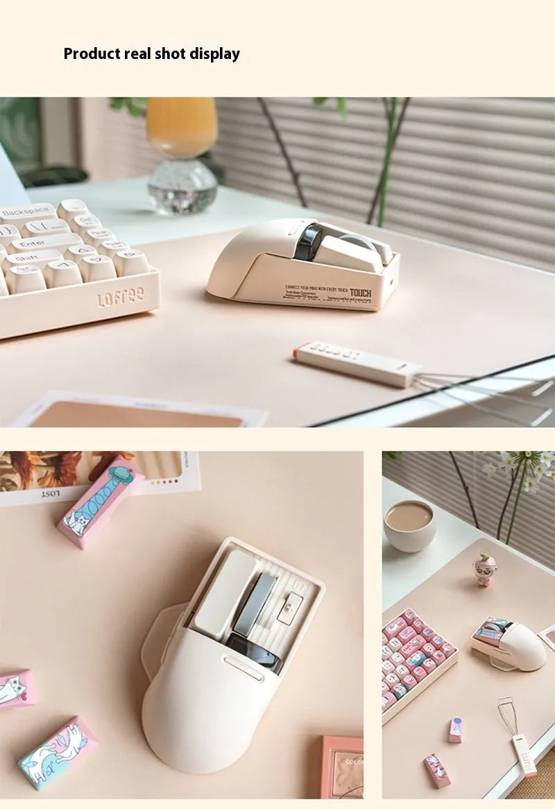 Xiaoqiao tofu-coloured wireless mouse with multiple buttons beside its Type-C charging cable and wireless receiver.