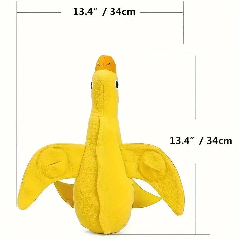 Yellow teddy dog toy with an attached duck doll, showing integrated food leak pockets for treats.