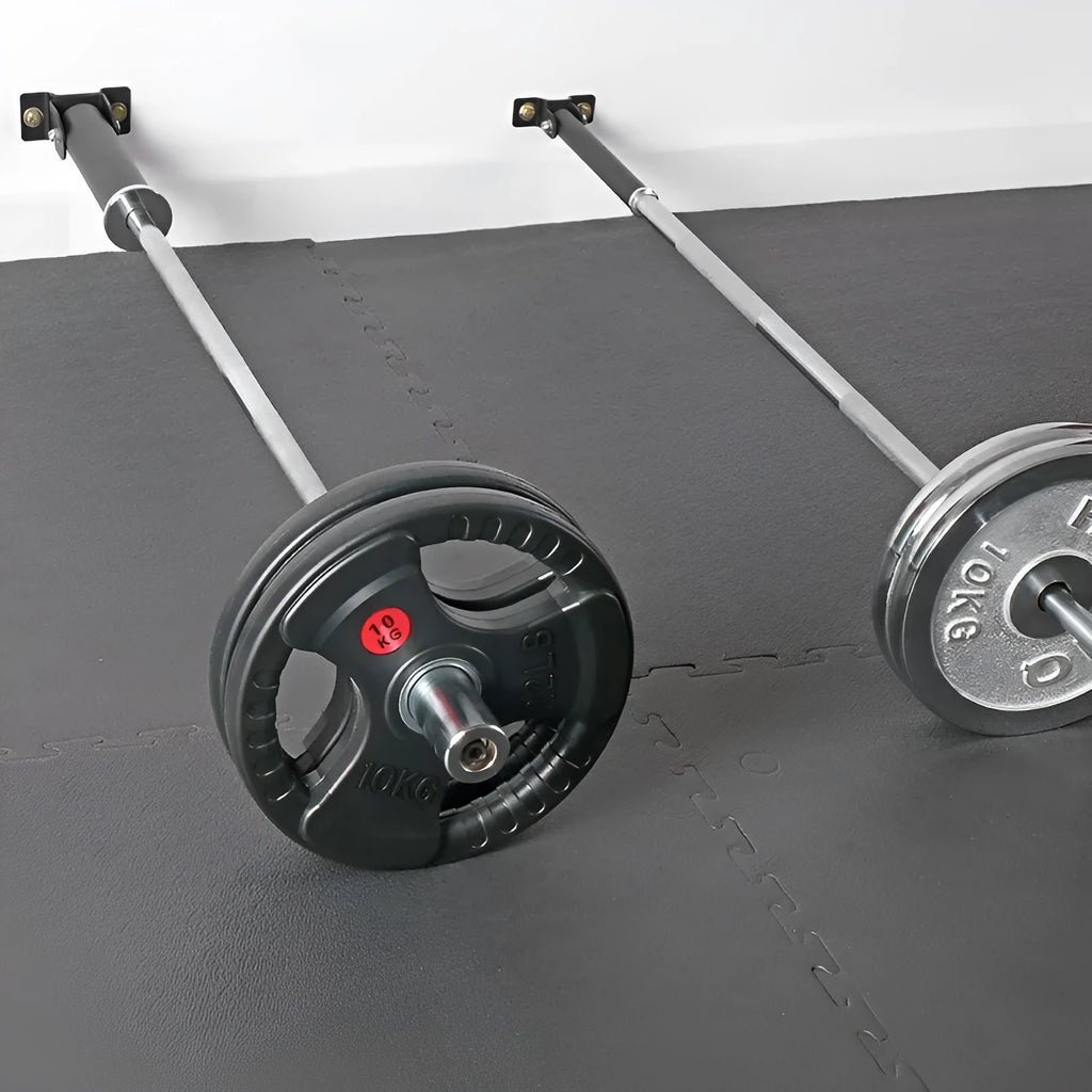 Steel wall-mounted rack with 25 vertical tubes for storing barbell rods and gym equipment.