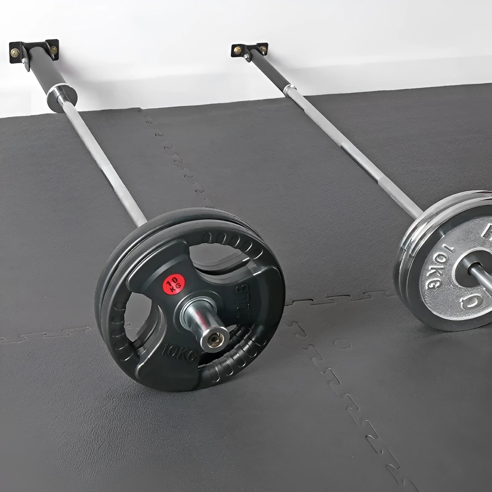Steel wall-mounted rack with 25 vertical tubes for storing barbell rods and gym equipment.