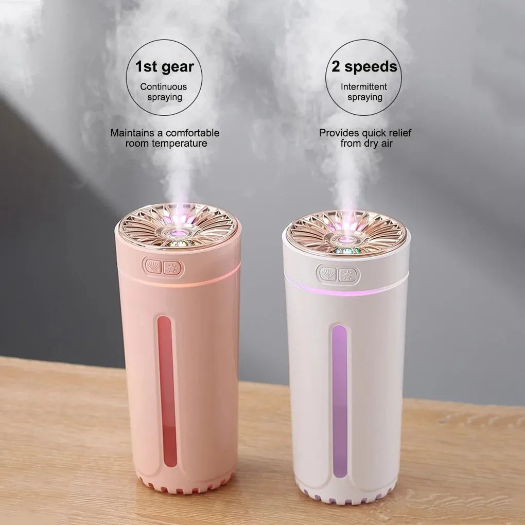 Black portable USB rechargeable humidifier with colourful LED lights and compact design for car or desktop use