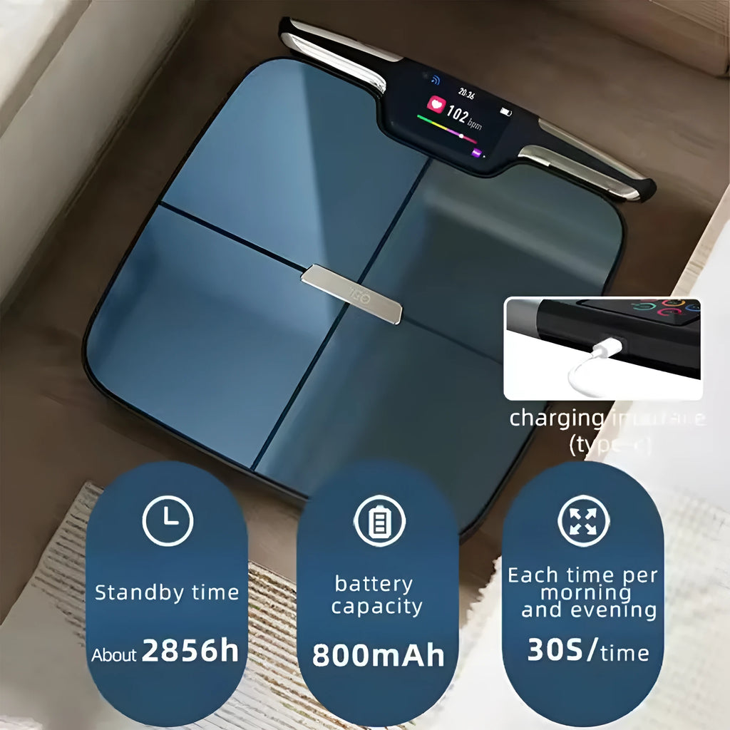 Black eight-electrode body fat smart scale on floor, showing tempered glass platform and stainless steel electrodes.