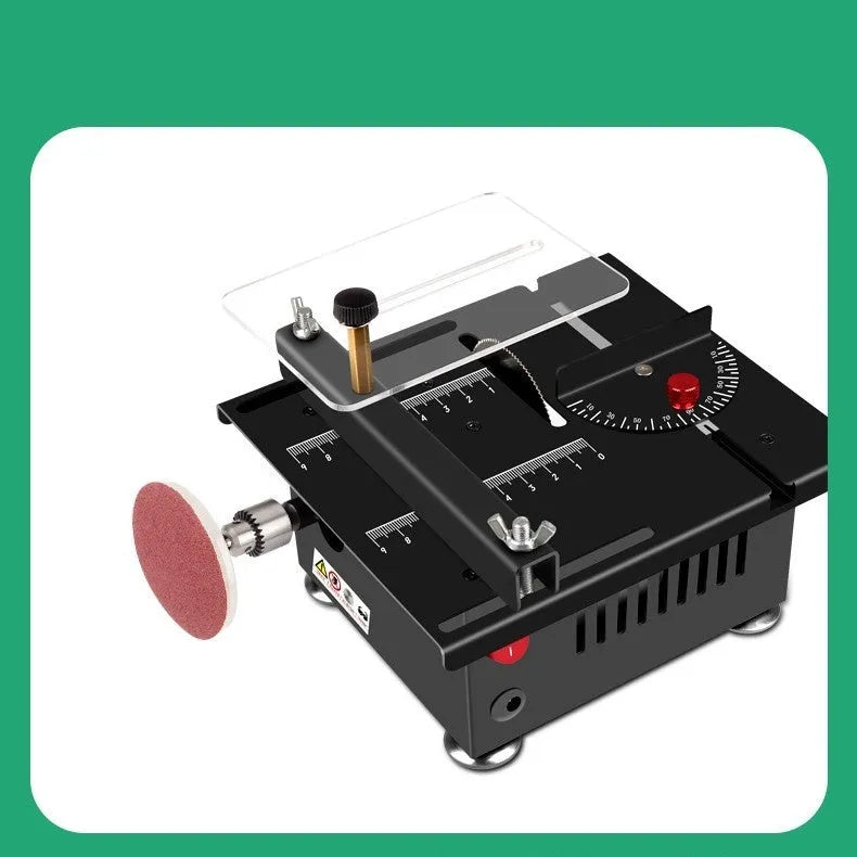 Lithium ion battery desktop saw with five attachments on workbench