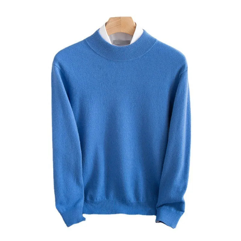 Men's loose fit half-turtleneck wool sweater in a neutral colour on a hanger.