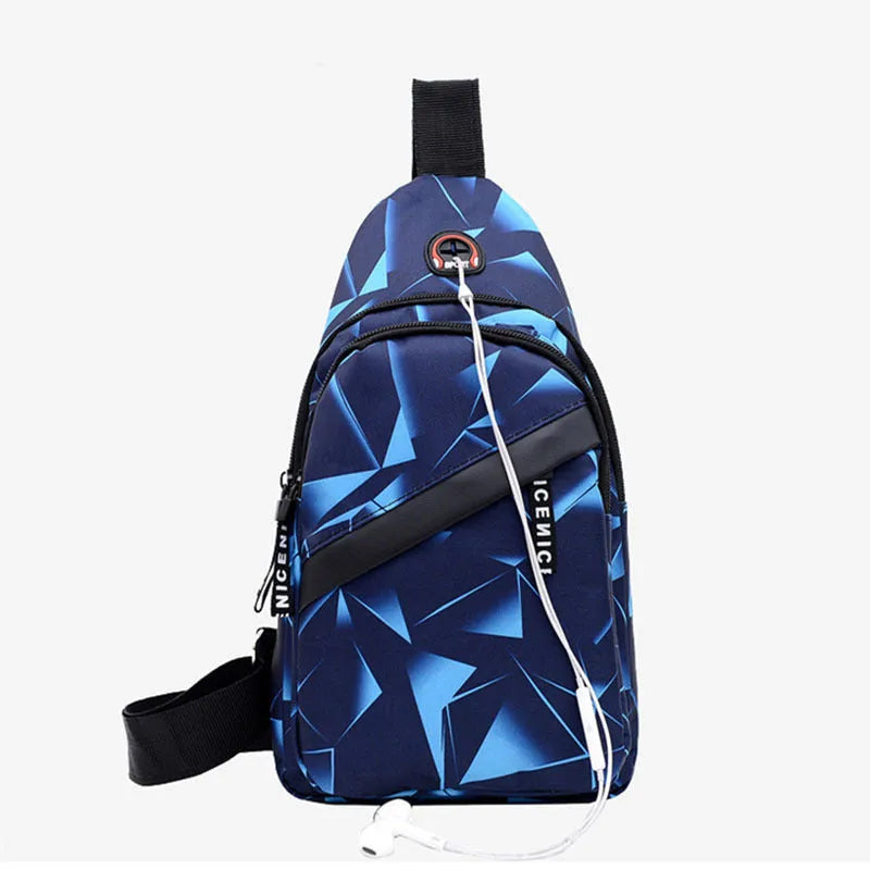 Men's Oxford cloth sling chest bag with earphone hole showing crossbody strap and zipper closure
