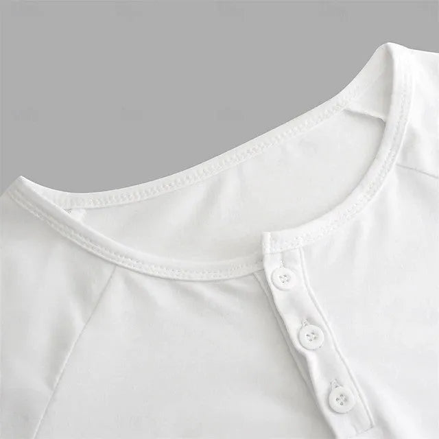 Men's white long-sleeved Henry collar pullover shirt with collage stitching detail