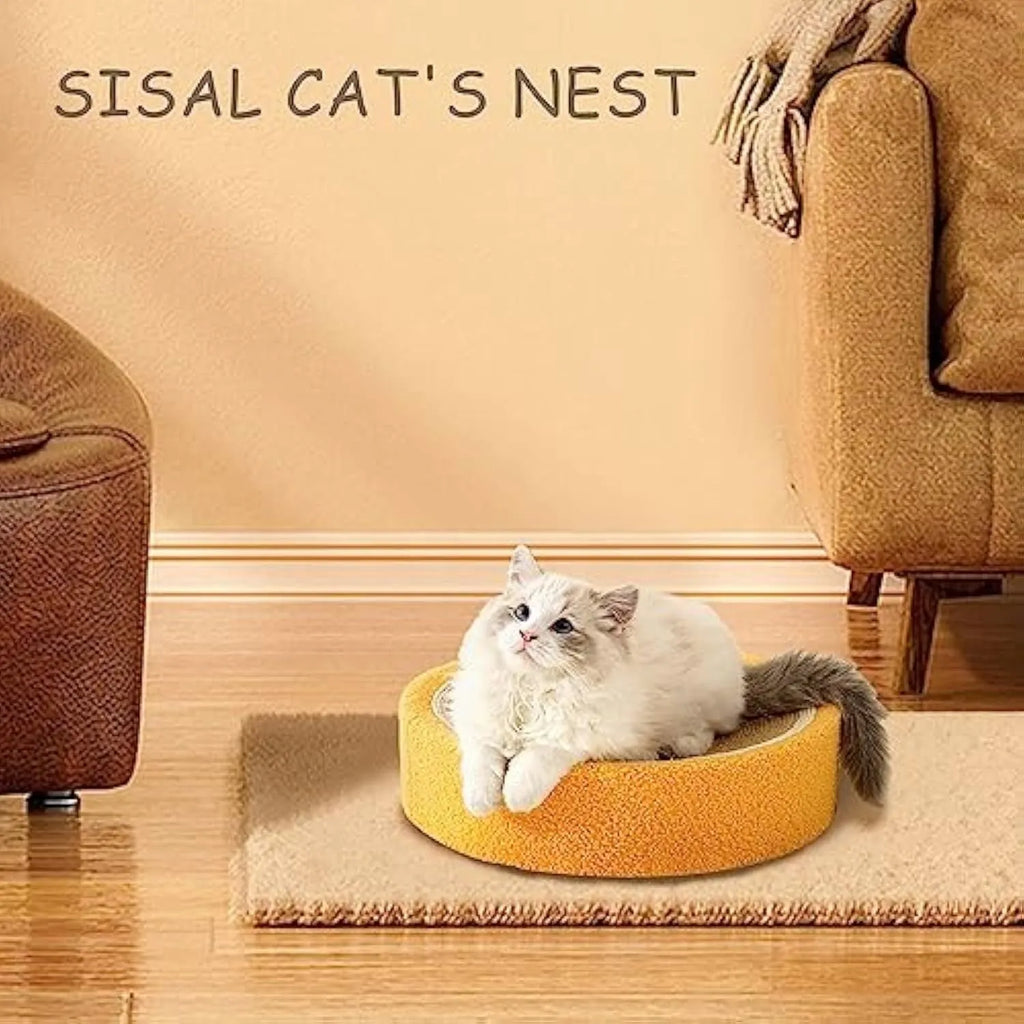Yellow round cat scratching board with sisal surface and concave sleeping centre