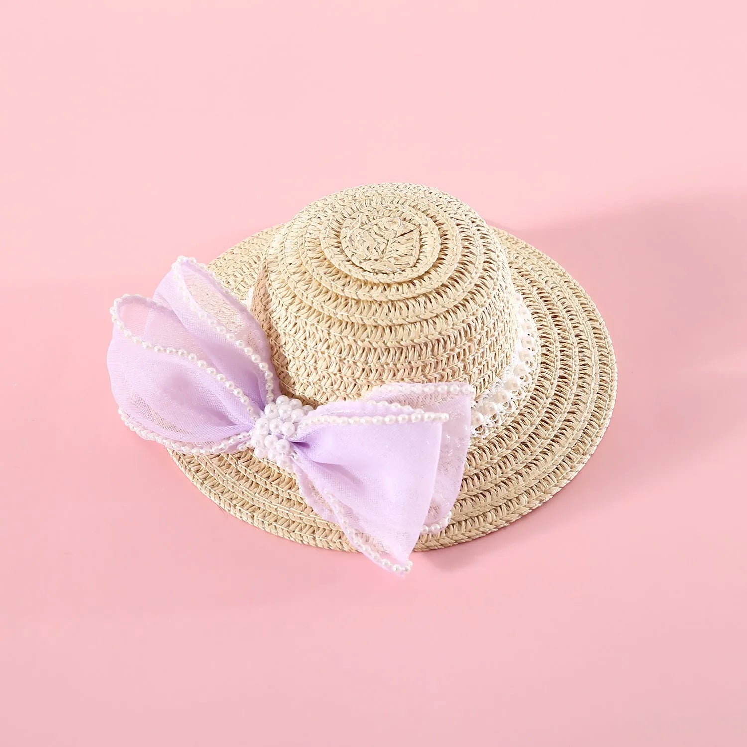 Princess-style cat hat with decorative pearl butterfly bow, woven from Lafite leaves.