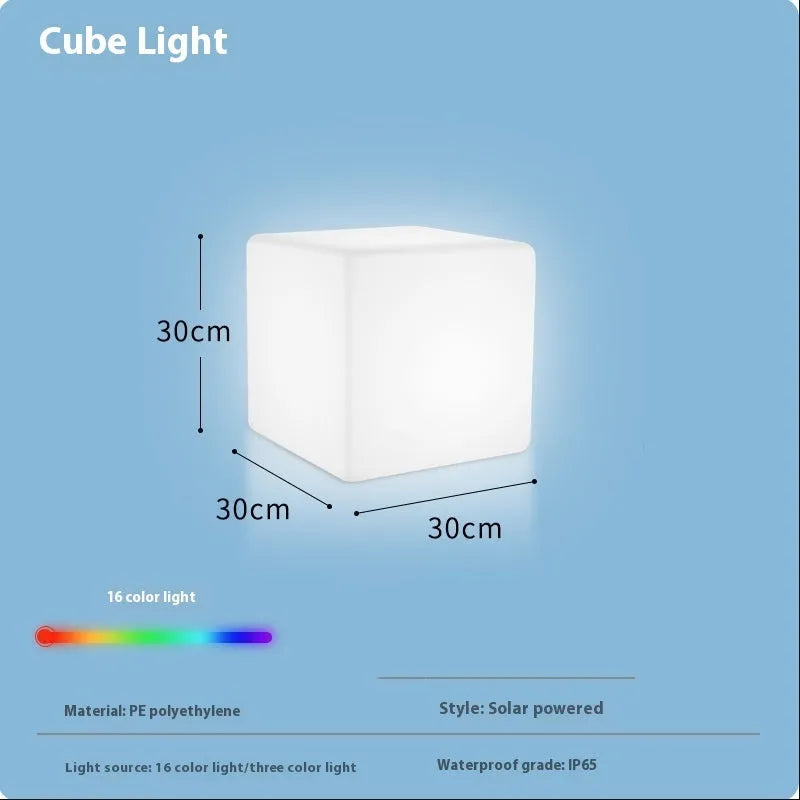Modern square LED cube light for outdoor garden and patio use with waterproof IP65 rating.