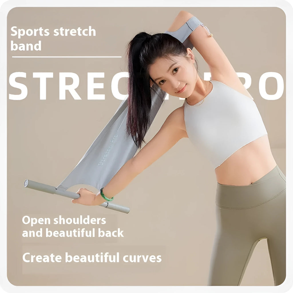 Grey and pink yoga stretching tool for shoulder, back and hip flexibility.