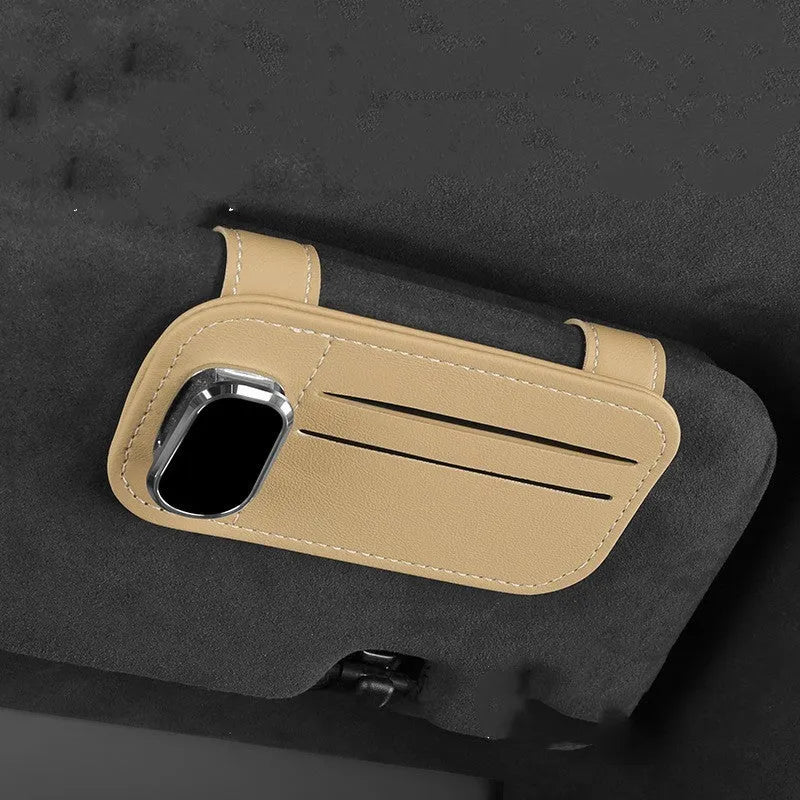 Leather car sun visor card holder with sunglasses clip in snap-on design available in multiple colours.