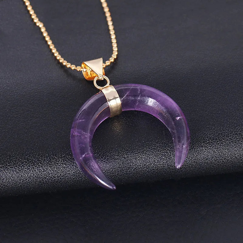 Natural stone moon pendant necklace with copper electroplated chain in pink or purple crystal