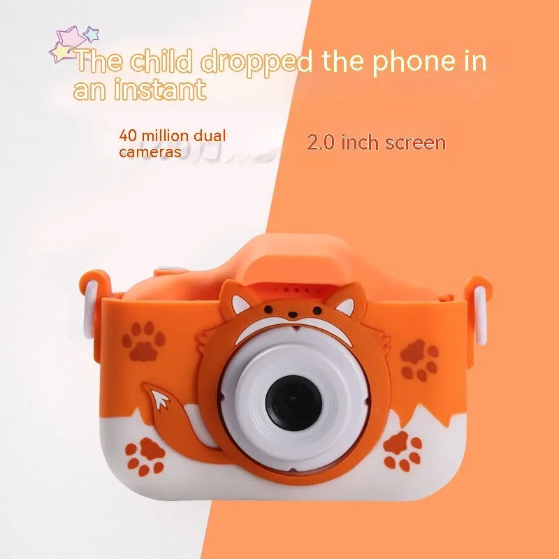 HD cartoon digital camera for children in blue or orange, shown with lanyard.